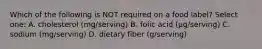 Which of the following is NOT required on a food label? Select one: A. cholesterol (mg/serving) B. folic acid (µg/serving) C. sodium (mg/serving) D. dietary fiber (g/serving)