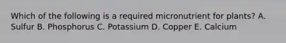Which of the following is a required micronutrient for plants? A. Sulfur B. Phosphorus C. Potassium D. Copper E. Calcium