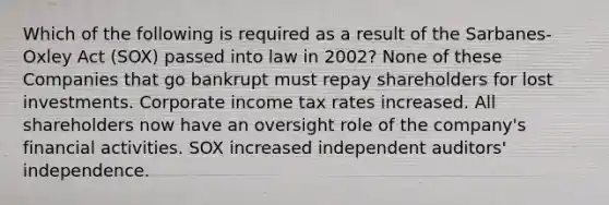 Which of the following is required as a result of the Sarbanes-Oxley Act (SOX) passed into law in 2002? None of these Companies that go bankrupt must repay shareholders for lost investments. Corporate income tax rates increased. All shareholders now have an oversight role of the company's financial activities. SOX increased independent auditors' independence.