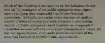 Which of the following is not required by the Sarbanes-Oakley Act? (a) Top managers of the public companies must sign a report certifying their responsibilities for the financial statements. (b) Public companies must maintain an audited system of internal control to ensure accuracy in accounting reports. (c) Public companies must maintain an independent committee to meet with the company's independent auditors. (d) Top managers of public companies must be members of the American Institute of Certified Public Accountants.