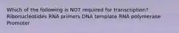 Which of the following is NOT required for transcription? Ribonucleotides RNA primers DNA template RNA polymerase Promoter