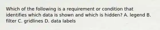 Which of the following is a requirement or condition that identifies which data is shown and which is hidden? A. legend B. filter C. gridlines D. data labels