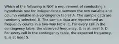 Which of the following is NOT a requirement of conducting a hypothesis test for independence between the row variable and column variable in a contingency​ table? A. The sample data are randomly selected. B. The sample data are represented as frequency counts in a​ two-way table. C. For every cell in the contingency​ table, the observed​ frequency, O, is at least 5. D. For every cell in the contingency​ table, the expected​ frequency, E, is at least 5.