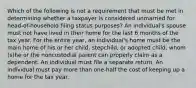 Which of the following is not a requirement that must be met in determining whether a taxpayer is considered unmarried for head-of-household filing status purposes? An individual's spouse must not have lived in their home for the last 6 months of the tax year. For the entire year, an individual's home must be the main home of his or her child, stepchild, or adopted child, whom (s)he or the noncustodial parent can properly claim as a dependent. An individual must file a separate return. An individual must pay more than one-half the cost of keeping up a home for the tax year.