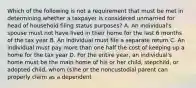 Which of the following is not a requirement that must be met in determining whether a taxpayer is considered unmarried for head of household filing status purposes? A. An individual's spouse must not have lived in their home for the last 6 months of the tax year B. An individual must file a separate return C. An individual must pay more than one half the cost of keeping up a home for the tax year D. For the entire year, an individual's home must be the main home of his or her child, stepchild, or adopted child, whom (s)he or the noncustodial parent can properly claim as a dependent