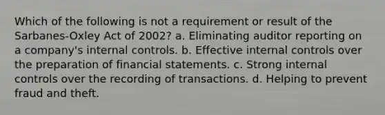 Which of the following is not a requirement or result of the Sarbanes-Oxley Act of 2002? a. Eliminating auditor reporting on a company's internal controls. b. Effective internal controls over the preparation of financial statements. c. Strong internal controls over the recording of transactions. d. Helping to prevent fraud and theft.