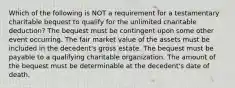 Which of the following is NOT a requirement for a testamentary charitable bequest to qualify for the unlimited charitable deduction? The bequest must be contingent upon some other event occurring. The fair market value of the assets must be included in the decedent's gross estate. The bequest must be payable to a qualifying charitable organization. The amount of the bequest must be determinable at the decedent's date of death.