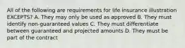 All of the following are requirements for life insurance illustration EXCEPTS? A. They may only be used as approved B. They must identify non-guaranteed values C. They must differentiate between guaranteed and projected amounts D. They must be part of the contract