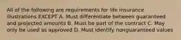 All of the following are requirements for life insurance illustrations EXCEPT A. Must differentiate between guaranteed and projected amounts B. Must be part of the contract C. May only be used as approved D. Must identify nonguaranteed values