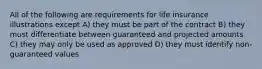 All of the following are requirements for life insurance illustrations except A) they must be part of the contract B) they must differentiate between guaranteed and projected amounts C) they may only be used as approved D) they must identify non-guaranteed values