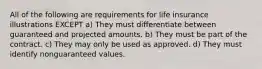 All of the following are requirements for life insurance illustrations EXCEPT a) They must differentiate between guaranteed and projected amounts. b) They must be part of the contract. c) They may only be used as approved. d) They must identify nonguaranteed values.