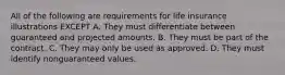 All of the following are requirements for life insurance illustrations EXCEPT A. They must differentiate between guaranteed and projected amounts. B. They must be part of the contract. C. They may only be used as approved. D. They must identify nonguaranteed values.