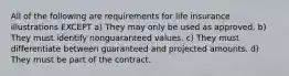 All of the following are requirements for life insurance illustrations EXCEPT a) They may only be used as approved. b) They must identify nonguaranteed values. c) They must differentiate between guaranteed and projected amounts. d) They must be part of the contract.