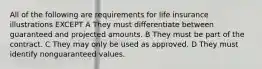 All of the following are requirements for life insurance illustrations EXCEPT A They must differentiate between guaranteed and projected amounts. B They must be part of the contract. C They may only be used as approved. D They must identify nonguaranteed values.