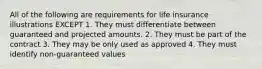 All of the following are requirements for life insurance illustrations EXCEPT 1. They must differentiate between guaranteed and projected amounts. 2. They must be part of the contract 3. They may be only used as approved 4. They must identify non-guaranteed values