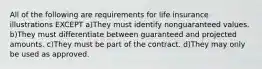 All of the following are requirements for life insurance illustrations EXCEPT a)They must identify nonguaranteed values. b)They must differentiate between guaranteed and projected amounts. c)They must be part of the contract. d)They may only be used as approved.