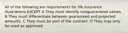 All of the following are requirements for life insurance illustrations EXCEPT A They must identify nonguaranteed values. B They must differentiate between guaranteed and projected amounts. C They must be part of the contract. D They may only be used as approved.