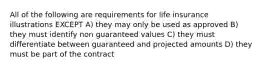 All of the following are requirements for life insurance illustrations EXCEPT A) they may only be used as approved B) they must identify non guaranteed values C) they must differentiate between guaranteed and projected amounts D) they must be part of the contract