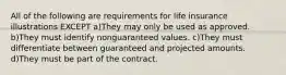 All of the following are requirements for life insurance illustrations EXCEPT a)They may only be used as approved. b)They must identify nonguaranteed values. c)They must differentiate between guaranteed and projected amounts. d)They must be part of the contract.