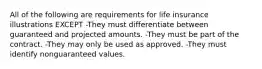 All of the following are requirements for life insurance illustrations EXCEPT -They must differentiate between guaranteed and projected amounts. -They must be part of the contract. -They may only be used as approved. -They must identify nonguaranteed values.