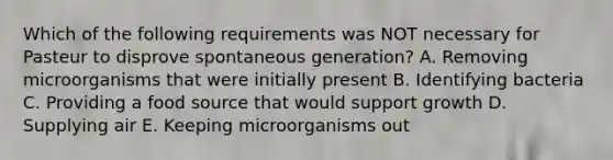 Which of the following requirements was NOT necessary for Pasteur to disprove spontaneous generation? A. Removing microorganisms that were initially present B. Identifying bacteria C. Providing a food source that would support growth D. Supplying air E. Keeping microorganisms out