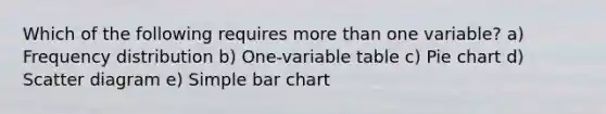 Which of the following requires more than one variable? a) Frequency distribution b) One-variable table c) Pie chart d) Scatter diagram e) Simple bar chart