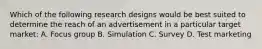 Which of the following research designs would be best suited to determine the reach of an advertisement in a particular target market: A. Focus group B. Simulation C. Survey D. Test marketing