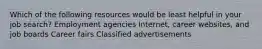 Which of the following resources would be least helpful in your job search? Employment agencies Internet, career websites, and job boards Career fairs Classified advertisements