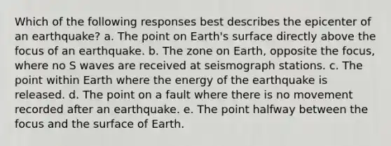 Which of the following responses best describes the epicenter of an earthquake? a. The point on Earth's surface directly above the focus of an earthquake. b. The zone on Earth, opposite the focus, where no S waves are received at seismograph stations. c. The point within Earth where the energy of the earthquake is released. d. The point on a fault where there is no movement recorded after an earthquake. e. The point halfway between the focus and the surface of Earth.