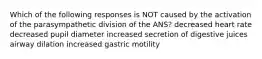 Which of the following responses is NOT caused by the activation of the parasympathetic division of the ANS? decreased heart rate decreased pupil diameter increased secretion of digestive juices airway dilation increased gastric motility