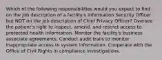 Which of the following responsibilities would you expect to find on the job description of a facility's Information Security Officer but NOT on the job description of Chief Privacy Officer? Oversee the patient's right to inspect, amend, and restrict access to protected health information. Monitor the facility's business associate agreements. Conduct audit trails to monitor inappropriate access to system information. Cooperate with the Office of Civil Rights in compliance investigations.