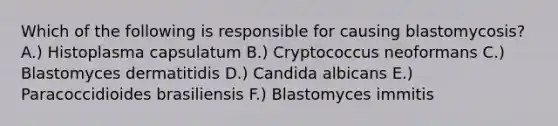 Which of the following is responsible for causing blastomycosis? A.) Histoplasma capsulatum B.) Cryptococcus neoformans C.) Blastomyces dermatitidis D.) Candida albicans E.) Paracoccidioides brasiliensis F.) Blastomyces immitis