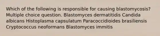 Which of the following is responsible for causing blastomycosis? Multiple choice question. Blastomyces dermatitidis Candida albicans Histoplasma capsulatum Paracoccidioides brasiliensis Cryptococcus neoformans Blastomyces immitis