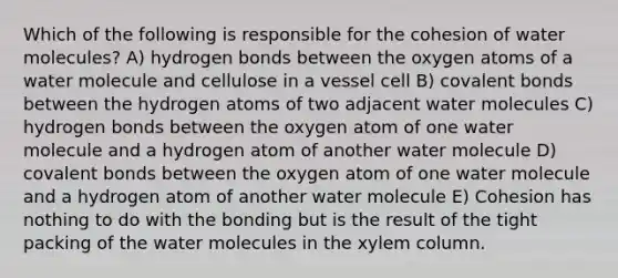 Which of the following is responsible for the cohesion of water molecules? A) hydrogen bonds between the oxygen atoms of a water molecule and cellulose in a vessel cell B) covalent bonds between the hydrogen atoms of two adjacent water molecules C) hydrogen bonds between the oxygen atom of one water molecule and a hydrogen atom of another water molecule D) covalent bonds between the oxygen atom of one water molecule and a hydrogen atom of another water molecule E) Cohesion has nothing to do with the bonding but is the result of the tight packing of the water molecules in the xylem column.