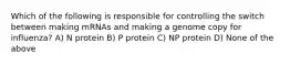 Which of the following is responsible for controlling the switch between making mRNAs and making a genome copy for influenza? A) N protein B) P protein C) NP protein D) None of the above