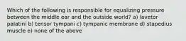 Which of the following is responsible for equalizing pressure between the middle ear and the outside world? a) lavetor palatini b) tensor tympani c) tympanic membrane d) stapedius muscle e) none of the above