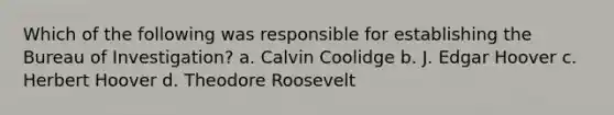 Which of the following was responsible for establishing the Bureau of Investigation? a. Calvin Coolidge b. J. Edgar Hoover c. Herbert Hoover d. Theodore Roosevelt