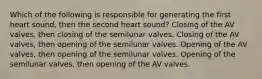 Which of the following is responsible for generating the first heart sound, then the second heart sound? Closing of the AV valves, then closing of the semilunar valves. Closing of the AV valves, then opening of the semilunar valves. Opening of the AV valves, then opening of the semilunar valves. Opening of the semilunar valves, then opening of the AV valves.