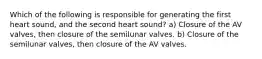 Which of the following is responsible for generating the first heart sound, and the second heart sound? a) Closure of the AV valves, then closure of the semilunar valves. b) Closure of the semilunar valves, then closure of the AV valves.