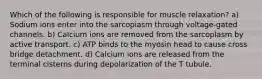 Which of the following is responsible for muscle relaxation? a) Sodium ions enter into the sarcopiasm through voltage-gated channels. b) Calcium ions are removed from the sarcoplasm by active transport. c) ATP binds to the myosin head to cause cross bridge detachment. d) Calcium ions are released from the terminal cisterns during depolarization of the T tubule.