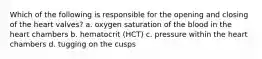 Which of the following is responsible for the opening and closing of the heart valves? a. oxygen saturation of the blood in the heart chambers b. hematocrit (HCT) c. pressure within the heart chambers d. tugging on the cusps