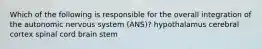 Which of the following is responsible for the overall integration of the autonomic nervous system (ANS)? hypothalamus cerebral cortex spinal cord brain stem