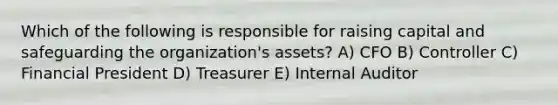 Which of the following is responsible for raising capital and safeguarding the organization's assets? A) CFO B) Controller C) Financial President D) Treasurer E) Internal Auditor