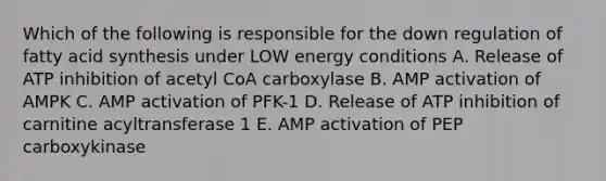 Which of the following is responsible for the down regulation of fatty acid synthesis under LOW energy conditions A. Release of ATP inhibition of acetyl CoA carboxylase B. AMP activation of AMPK C. AMP activation of PFK-1 D. Release of ATP inhibition of carnitine acyltransferase 1 E. AMP activation of PEP carboxykinase