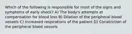 Which of the following is responsible for most of the signs and symptoms of early shock? A) The body's attempts at compensation for blood loss B) Dilation of the peripheral blood vessels C) Increased respirations of the patient D) Constriction of the peripheral blood vessels