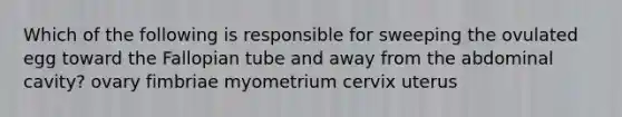 Which of the following is responsible for sweeping the ovulated egg toward the Fallopian tube and away from the abdominal cavity? ovary fimbriae myometrium cervix uterus