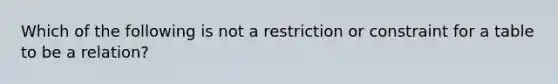 Which of the following is not a restriction or constraint for a table to be a relation?