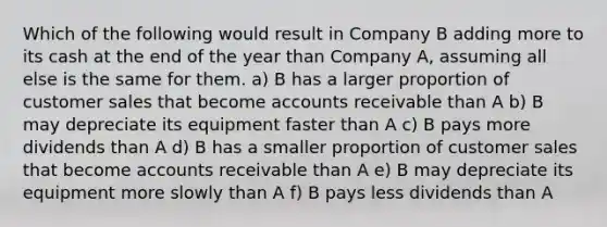 Which of the following would result in Company B adding more to its cash at the end of the year than Company A, assuming all else is the same for them. a) B has a larger proportion of customer sales that become accounts receivable than A b) B may depreciate its equipment faster than A c) B pays more dividends than A d) B has a smaller proportion of customer sales that become accounts receivable than A e) B may depreciate its equipment more slowly than A f) B pays less dividends than A