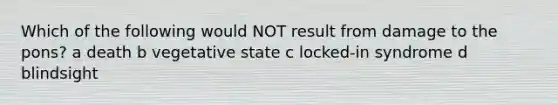 Which of the following would NOT result from damage to the pons? a death b vegetative state c locked-in syndrome d blindsight