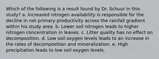 Which of the following is a result found by Dr. Schuur in this study? a. Increased nitrogen availability is responsible for the decline in net primary productivity across the rainfall gradient within his study area. b. Lower soil nitrogen leads to higher nitrogen concentration in leaves. c. Litter quality has no effect on decomposition. d. Low soil oxygen levels leads to an increase in the rates of decomposition and mineralization. e. High precipitation leads to low soil oxygen levels.